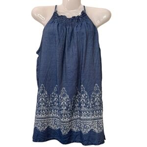 Soho Jeans‎ Chambray Top Smocked Halter Sleeveless White Print Blue Size M